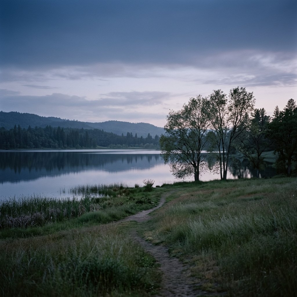 Serene landscape of calm waters and soft light